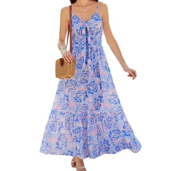GRACE KARIN Summer Maxi Floral Tie Spaghetti Strap Boho Beach Flowy Sundress - Picture 16 of 16